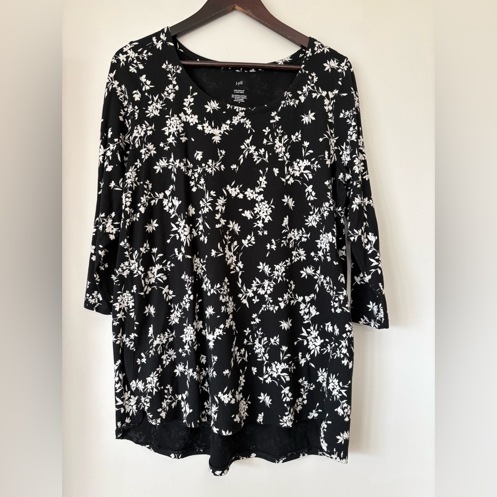 J. Jill Luxe Supima A-Line Tunic Floral Black White Cotton Tencel Size Medium